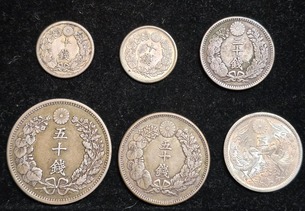 Japão. 10, 20, 50 Sen Lot of 6coins Meiji 32(1905/1926)  (Sem preço de reserva) #1.0