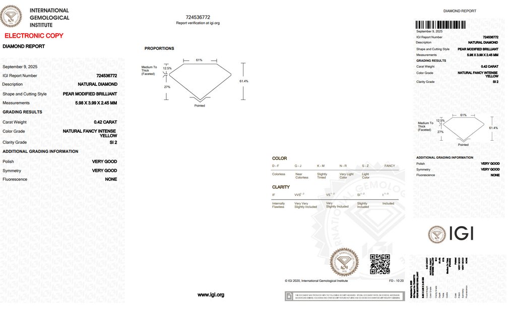 No Reserve Price - 1 pcs Diamond (Natural coloured) - 0.42 ct - Pear - Fancy intense Yellow - SI2 - International Gemological Institute (IGI) #2.1