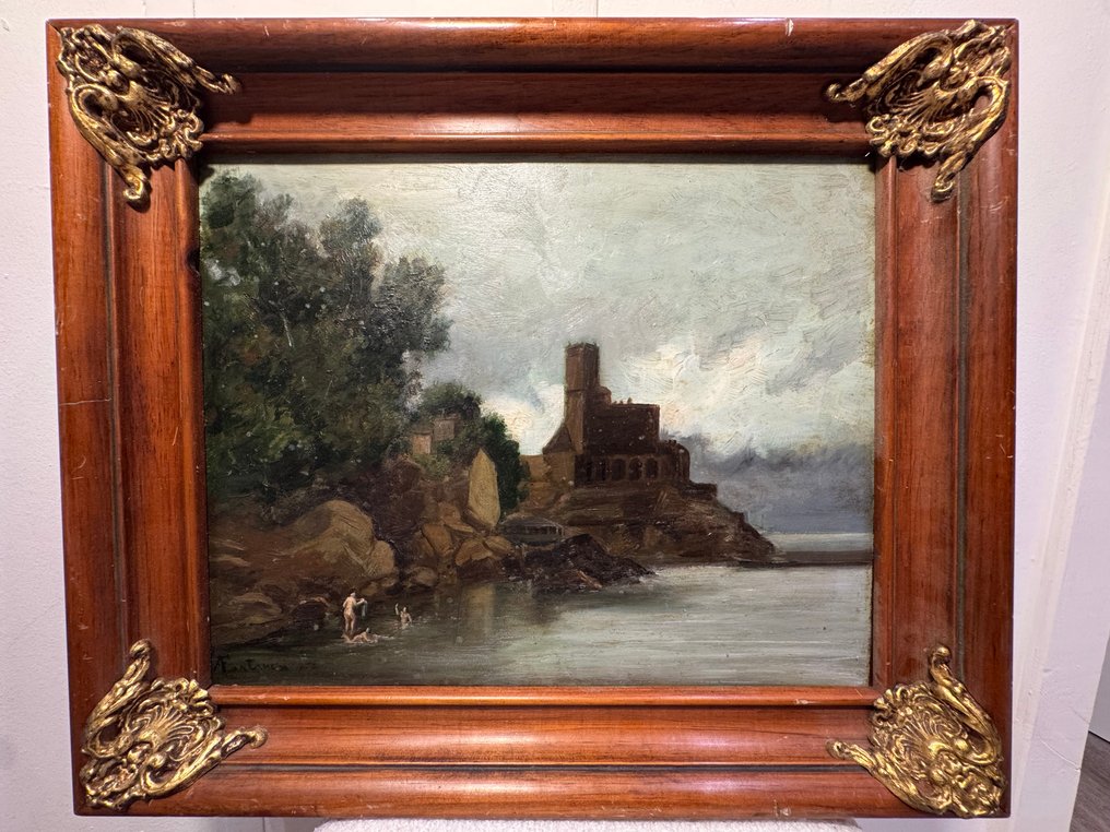 Antonio Fontanesi (1818-1882), Attrib. - Paesaggio con castello e bagnanti #1.0