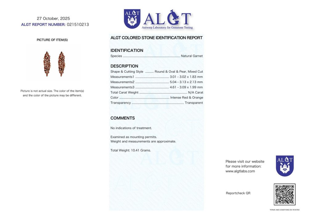 Nincs minimálár - Drop fülbevaló Ezüst - Garnet - Certified #2.1