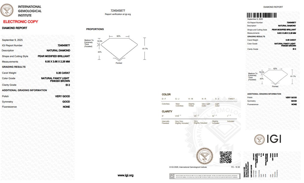 Nincs minimálár - 1 pcs Gyémánt (Természetes színű) - 0.35 ct - Körte - Fancy light Rózsaszínes Barna - SI2 - Nemzetközi Gemmológiai Intézet (IGI) #2.1