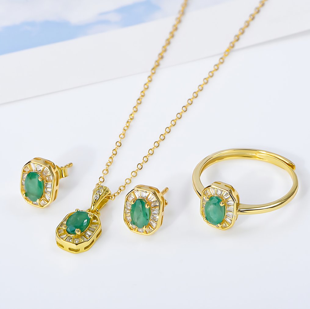 Sans Prix de Réserve - Ensemble de bijoux 3 pièces - 18 carats Or jaune, Argent - 1.70ct. tw. Émeraude #1.0