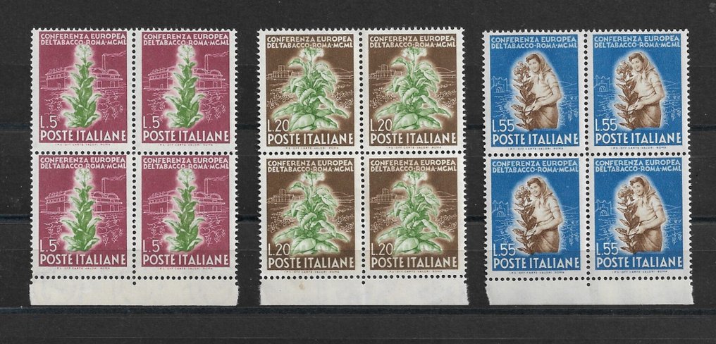 意大利共和国 1950 - 烟草 3个价值,华丽的四行诗,完好无损的‘LUSSO’品质橡胶。 - Sassone N.629/31 #1.0