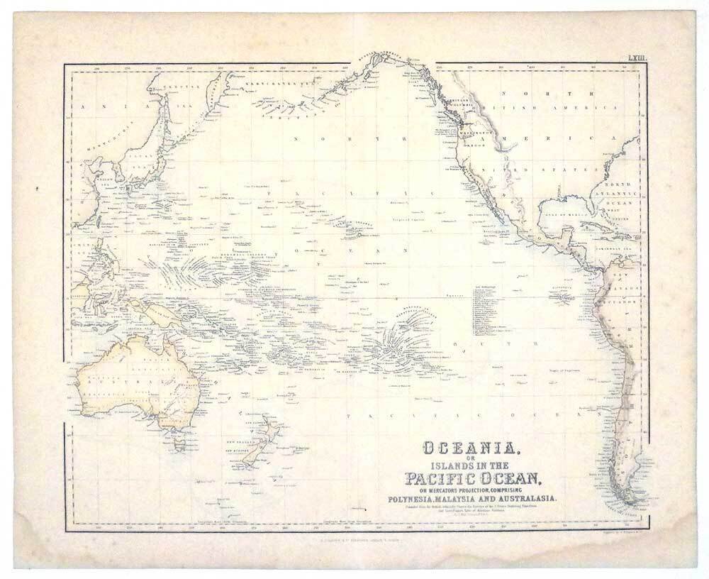 Vereinigtes Königreich - Pazifik Polynesien Malaysia Australien; J. Hugh Johnson / A. Fullarton & Co London and Edinburgh - Oceania, or Islands in the Pacific Ocean, On Mercators Projection, Comprising Polynesia, Malaysia an - 1861-1880 #1.0