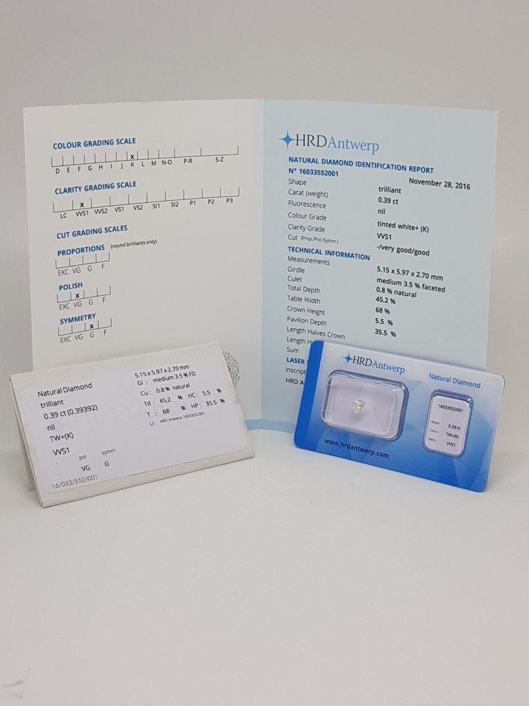 1 pcs Diamond  (Natural)  - 0.39 ct - Triangle - K - VVS1 - HRD Antwerp #4.3