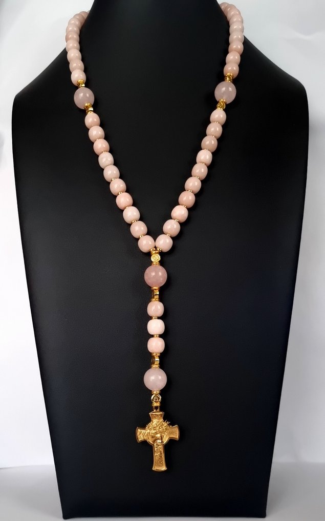 Kvartsrose - Rosaire lysende - Kors - Kristi ansikt kronet med torner - Renhet og Nåde. - Halskjede med anheng #1.0