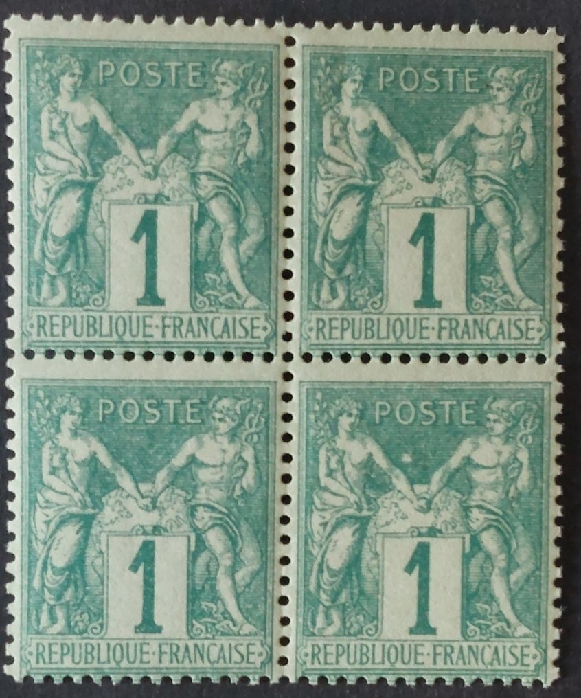 Francja 1876 - Sage, typ I, N sous B, 1 c. zielony, nowy blok po 4, znaczki podpisane Roumet - Yvert 61 #1.0