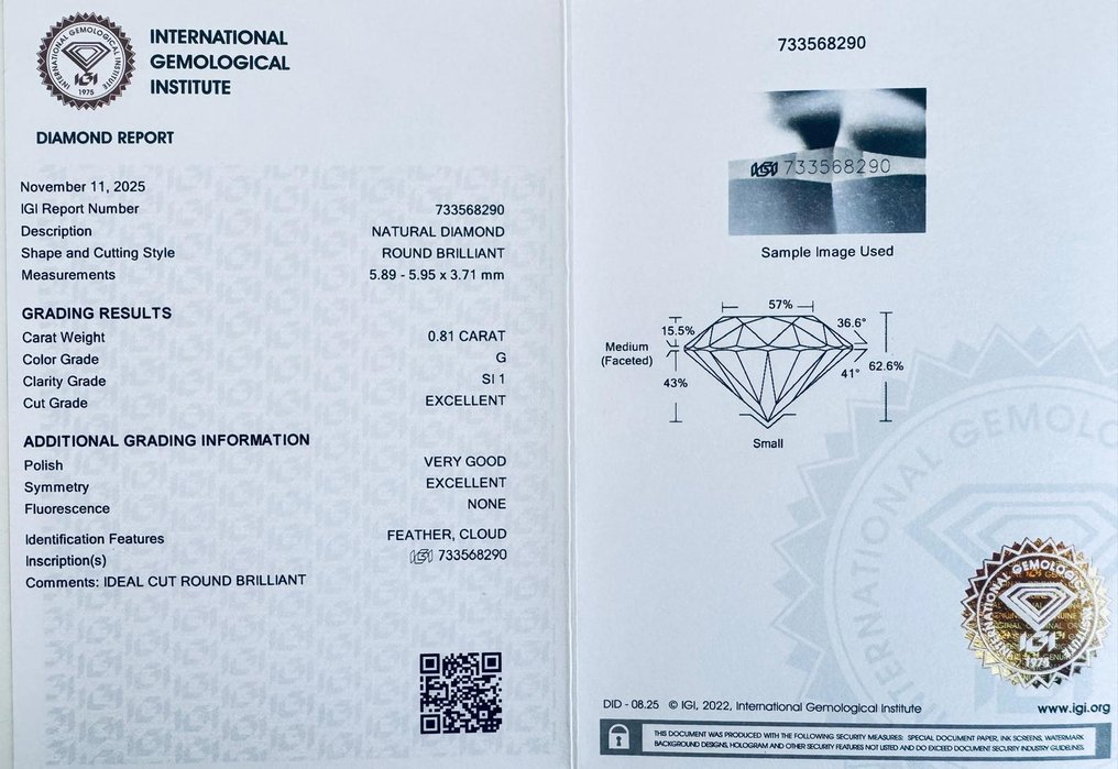 没有保留价 - 1 pcs 钻石 (天然) - 0.81 ct - 圆形 - G - SI1 微内含一级 - 国际宝石研究院(IGI) #3.2