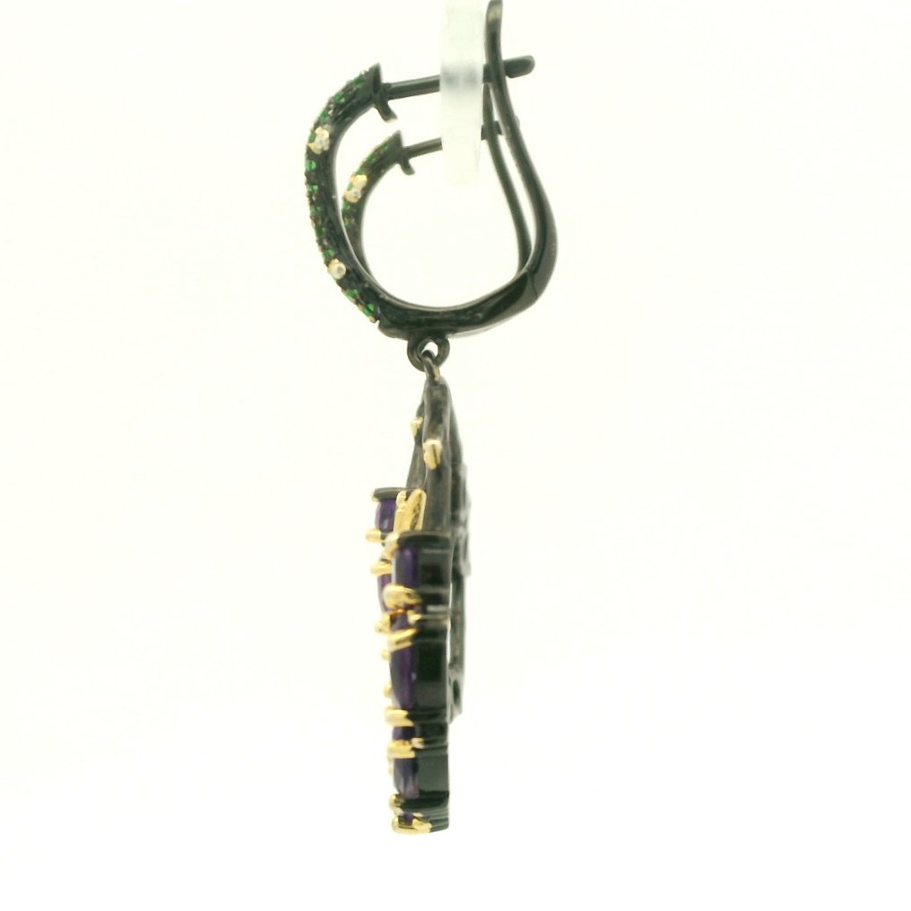 紫水晶 - 银, 奢华925纯银耳环，配紫水晶与钻石——花卉黑化设计 - 耳环 #4.3