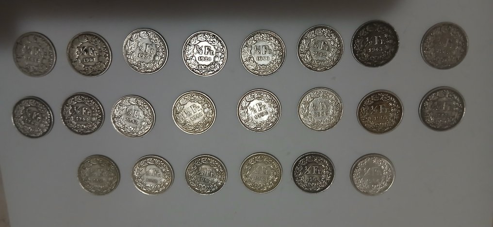 Schweiz. Lot of 38 coins: 1/2, 1, 2, 5 Francs 1882/1969 (Ingen mindstepris) #2.1