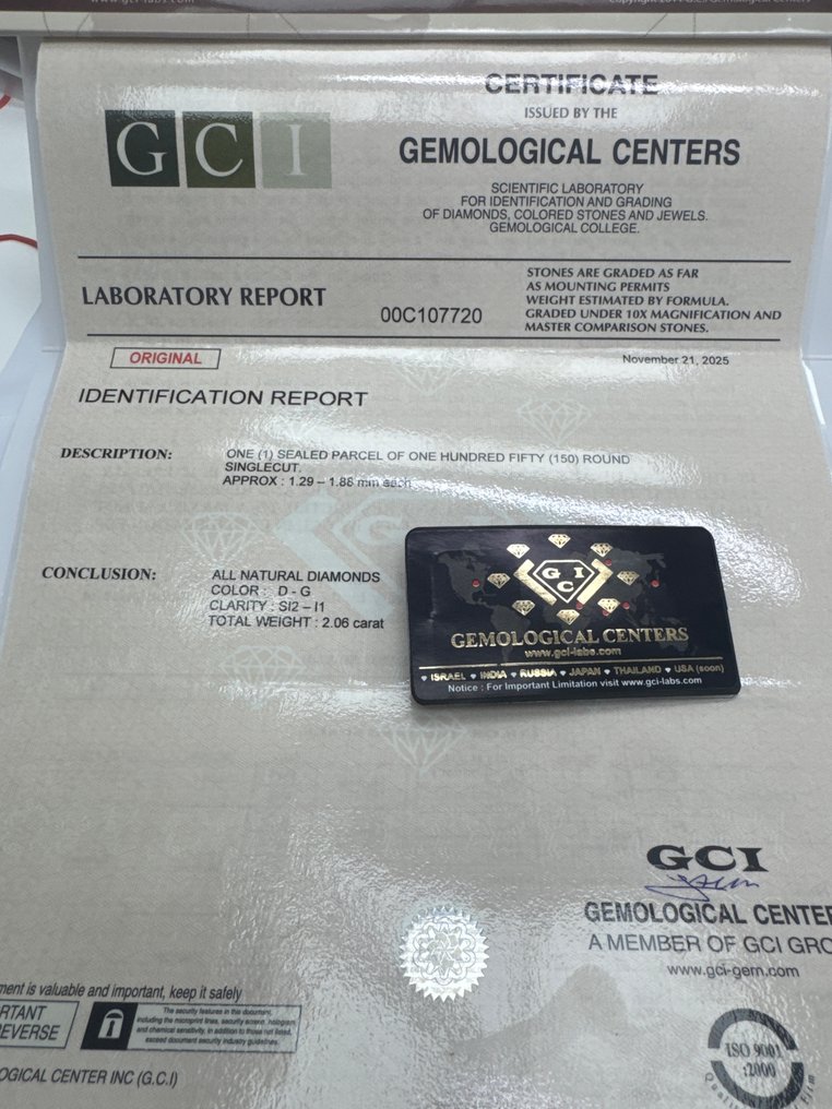 没有保留价 - 150 pcs 钻石  (天然)  - 2.06 ct - 圆形 - D (无色), E, F, G - I1 内含一级, SI2 微内含二级 - 以色列宝石中心（G.C.I.） - 单次切割 #2.1