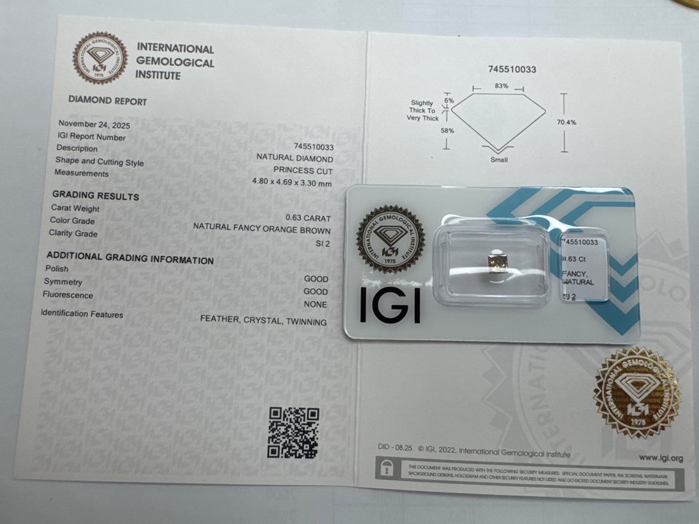 没有保留价 - 1 pcs 钻石 (天然色彩的) - 0.63 ct - Fancy 橙色, 棕色 - SI2 微内含二级 - 国际宝石研究院(IGI) #2.1