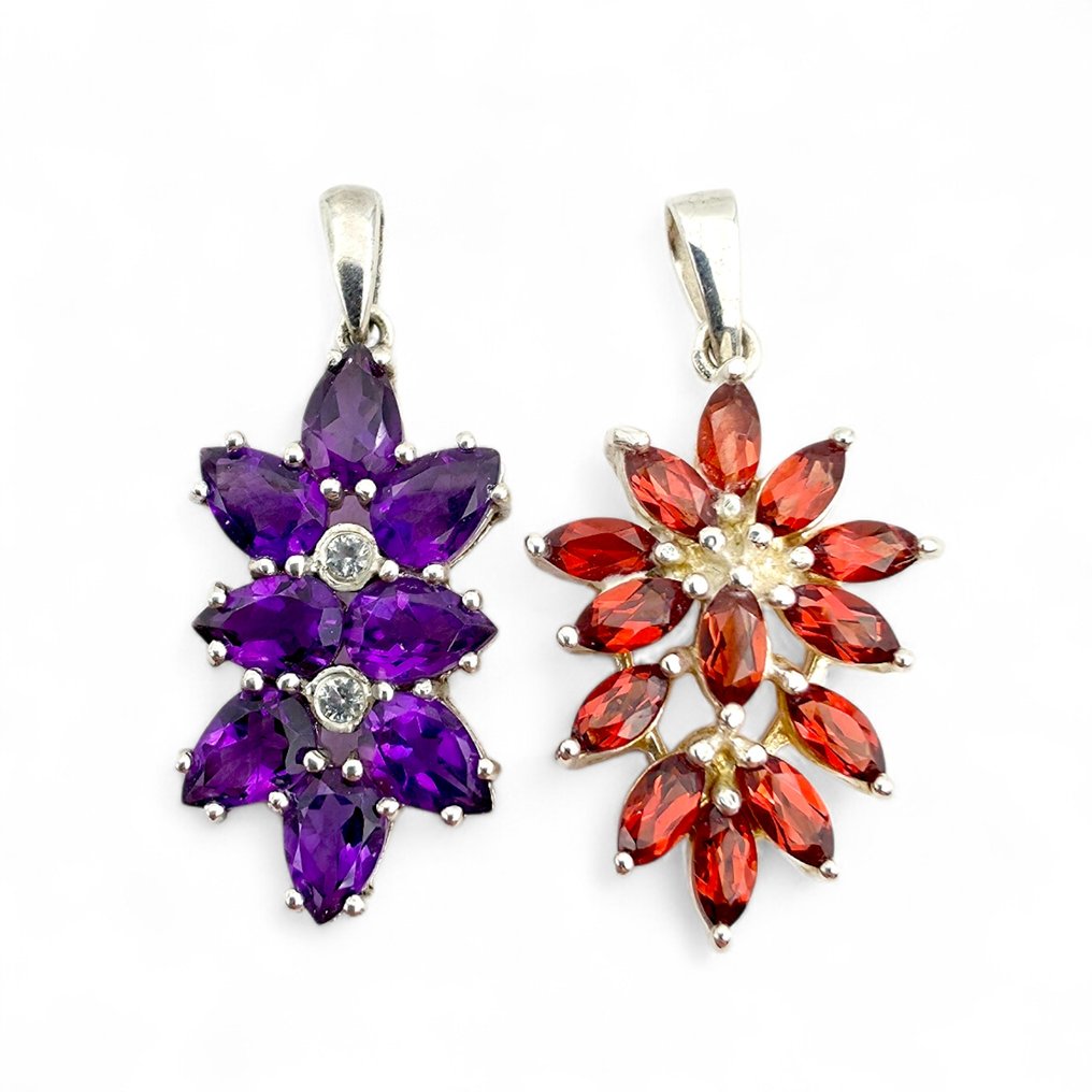 Sem preço de reserva - Conjunto de 2 peças de joalharia Prata - Amethyst, Garne (Certified) #1.0