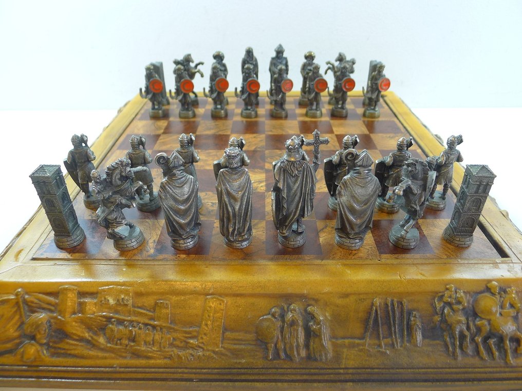 jeu d'échecs Ottomans-Chretiens en bronze doré et argenté coffret échiquier King 89 mm - Zestaw szachowy - les croisades - Złocony i srebrzony #1.0