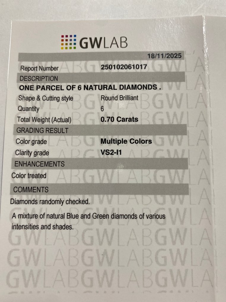 Senza prezzo di riserva - 6 pcs Diamante  (Con trattamento colore)  - 0.70 ct - Rotondo - VS2, I1 - Gemewizard Gemological Laboratory (GWLab) #3.2