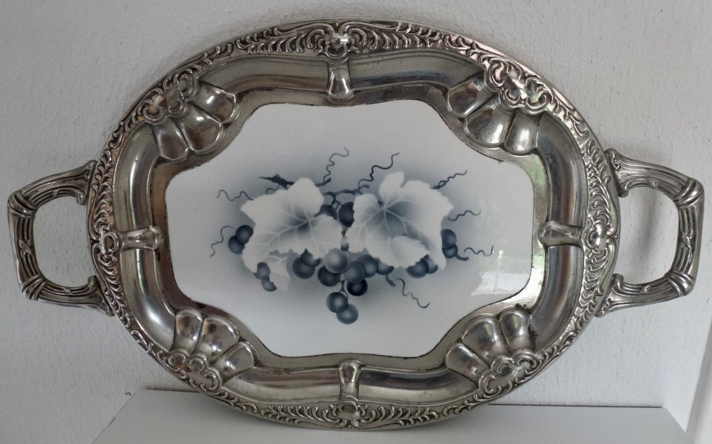 Διακοσμητικός δίσκος - Ασημένια περιθώρια - Ωοειδές - Γερμανία - Πορσελάνινο κεντρικό κομμάτι #1.0