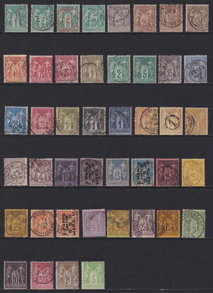 France 1876/1900 - Set of 44 Sages types 'I' and 'II', between No. 61 and No. 106, cancelled. Very beautiful - Yvert #1.0