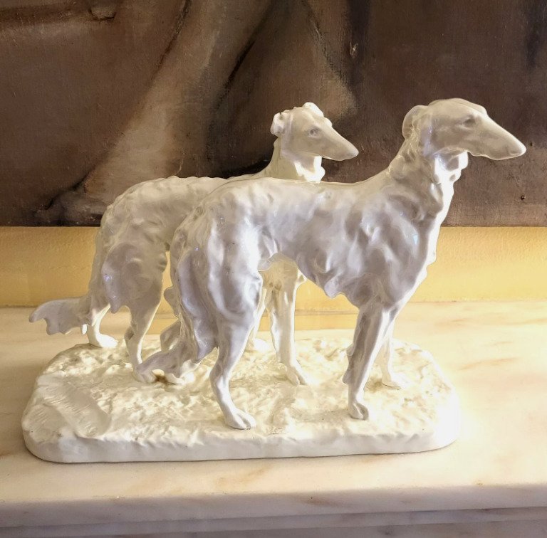 雕刻, Couple de Barzoï. - 24 cm - 瓷器 - 1911 #1.0