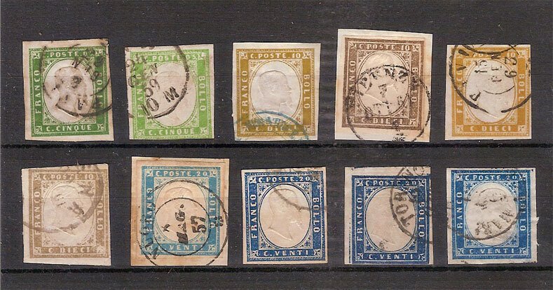 意大利古城邦-撒丁岛 1855/1863 - 十枚不同色调的邮票 #1.0