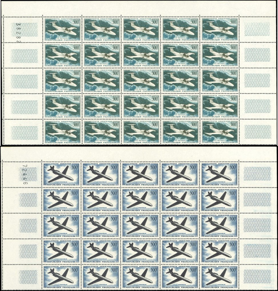 France 1957/59 - Prototype, the series of 3 stamps in sheets of 25 luxes. - Yvert Poste Aérienne 35-37 #2.1
