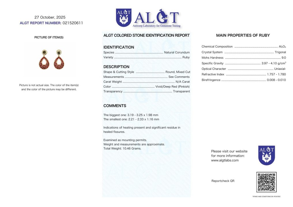 Nincs minimálár - Drop fülbevaló Ezüst - Ruby - Tanúsított #2.1
