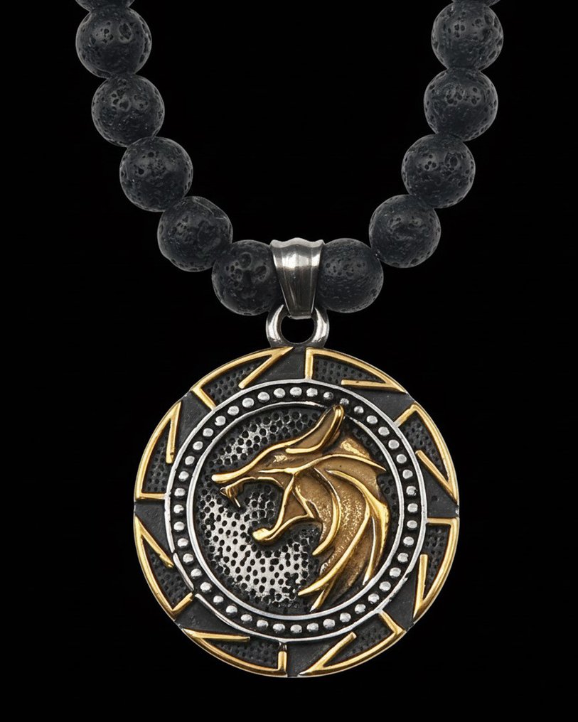 熔岩石 - 维京狼：战士的本能、力量与保护 - 14K金填充扣环 - 项链 #1.0