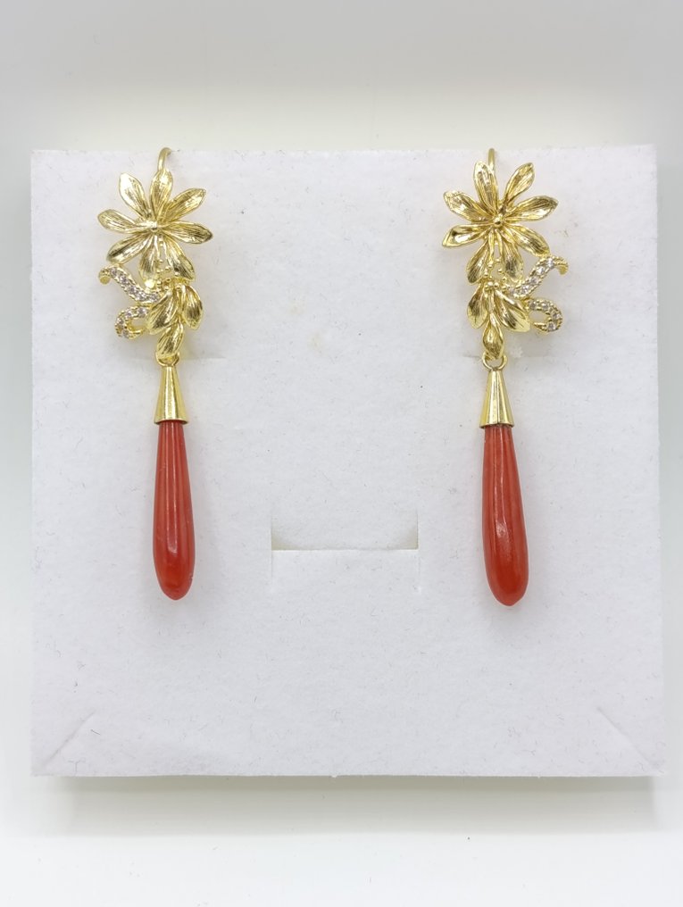 Argento, Placcato oro, corallo Corsica Orecchini - Anni 40 in corallo (Senza Prezzo di Riserva) #3.2