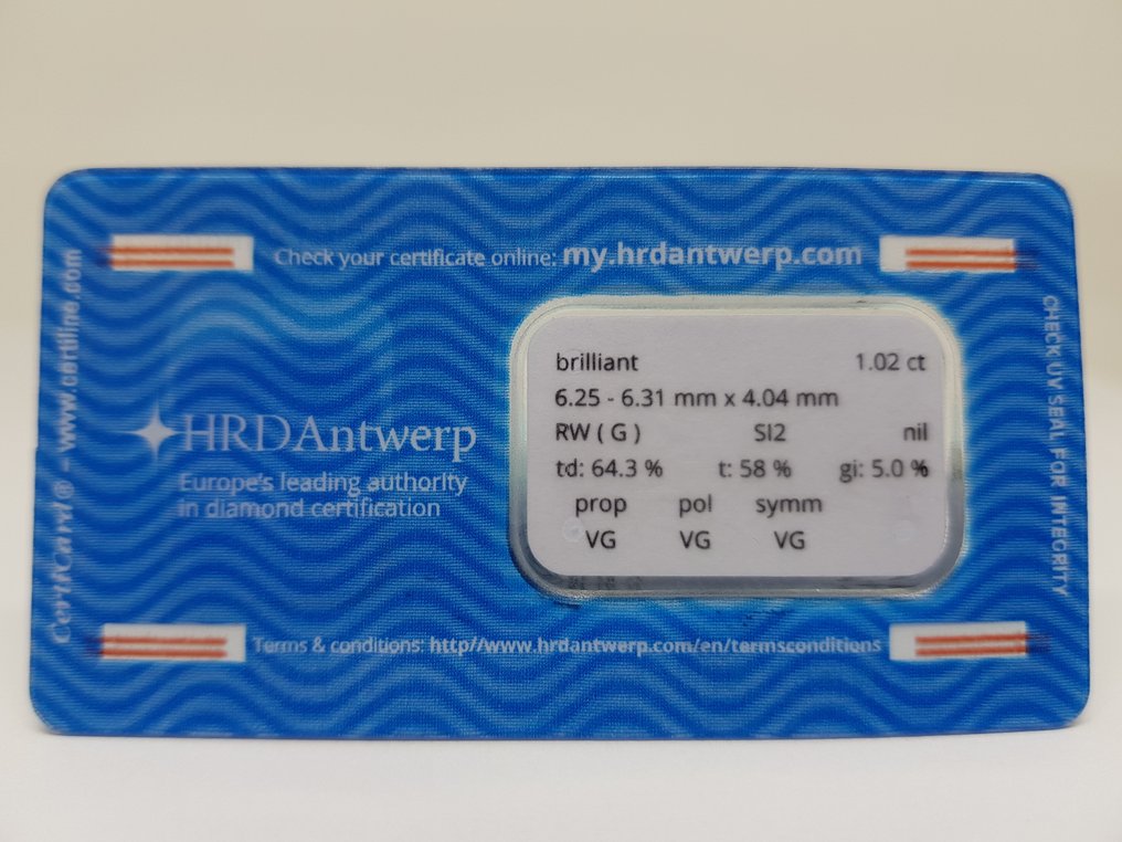 1 pcs 鑽石  (天然)  - 1.02 ct - 圓形 - G - SI2 - HRD Antwerp #1.0