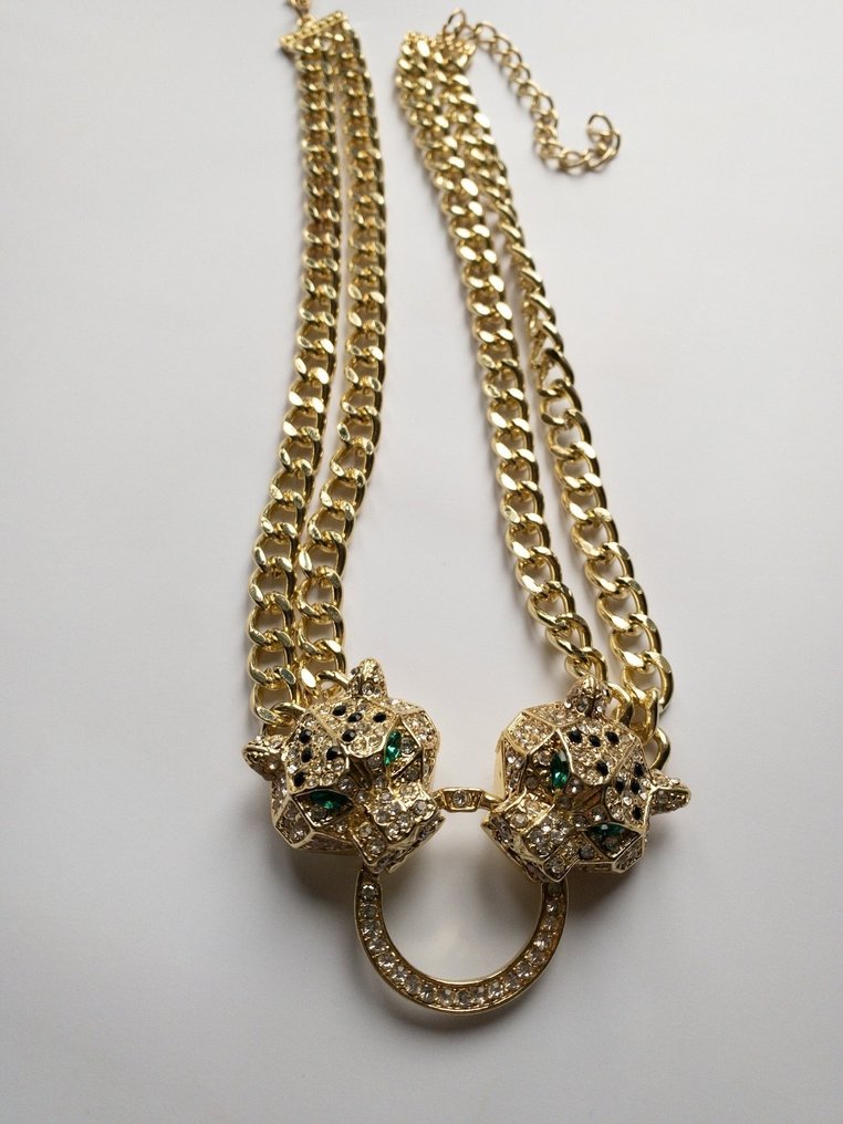 Banhado a ouro, Gargantilha inspirada na Cartier com tema de pantera – tonalidade ouro, cabeças de pantera duplas. - Colar #2.1