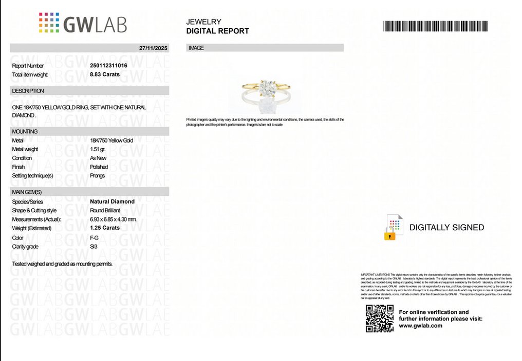 没有保留价 - 戒指 - 18K包金 黄金 -  1.25ct. tw. 钻石 (天然) - GWLab #2.1