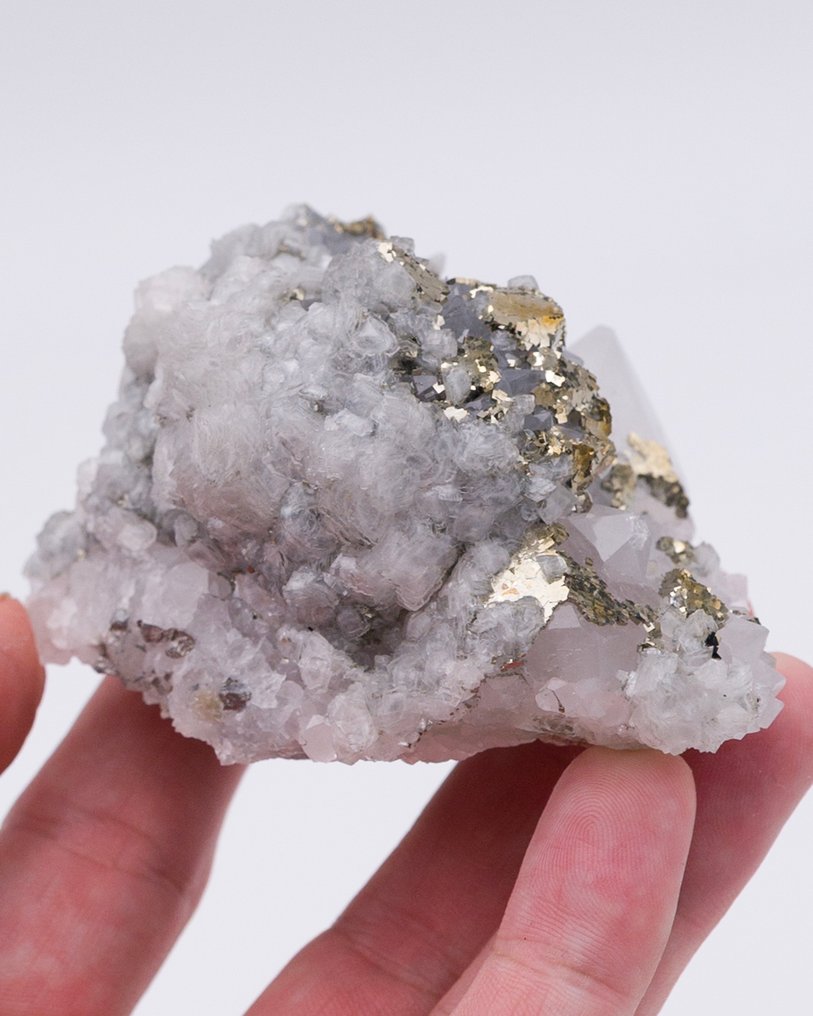 Porcelana requintada como Quartz e Calcite botrióides. com mosaicos de pirita cúbica perfeita - Altura: 8.2 cm - Largura: 6 cm- 236 g - (1) #4.3