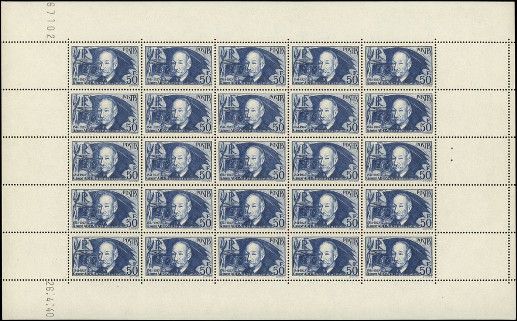 Francja 1938 - Clément Ader, gruby papier, arkusz 25 luksusowy z certyfikatem. - Yvert 398a #1.0