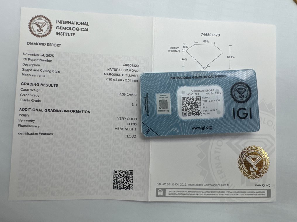 Zonder Minimumprijs - 1 pcs Diamant (Natuurlijk) - 0.39 ct - Markies - J - SI1 - International Gemological Institute (IGI) #3.2