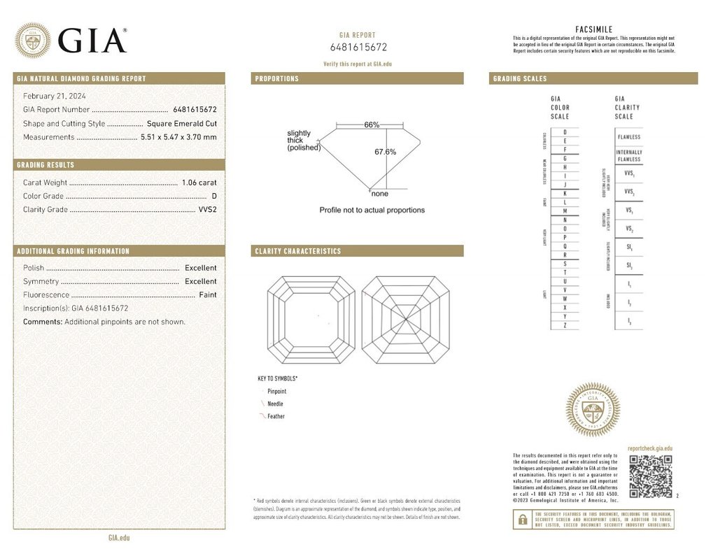 1 pcs 钻石  (天然)  - 1.06 ct - 方形 - D (无色) - VVS2 极轻微内含二级 - 美国宝石研究院（GIA） #2.1