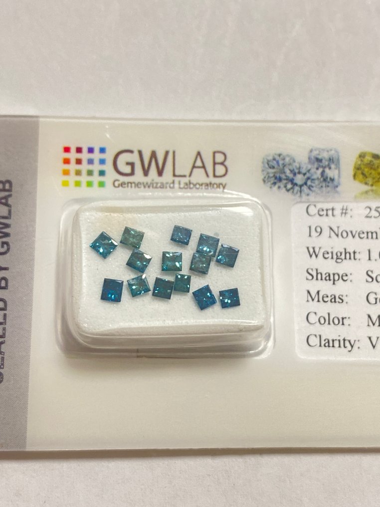 Ingen mindstepris - 14 pcs Diamant  (Farvebehandlet)  - 1.01 ct - Kvadrat Blå, Grøn - VS2, I1 - Gemewizard Gemological Laboratory (GWLab) #1.0