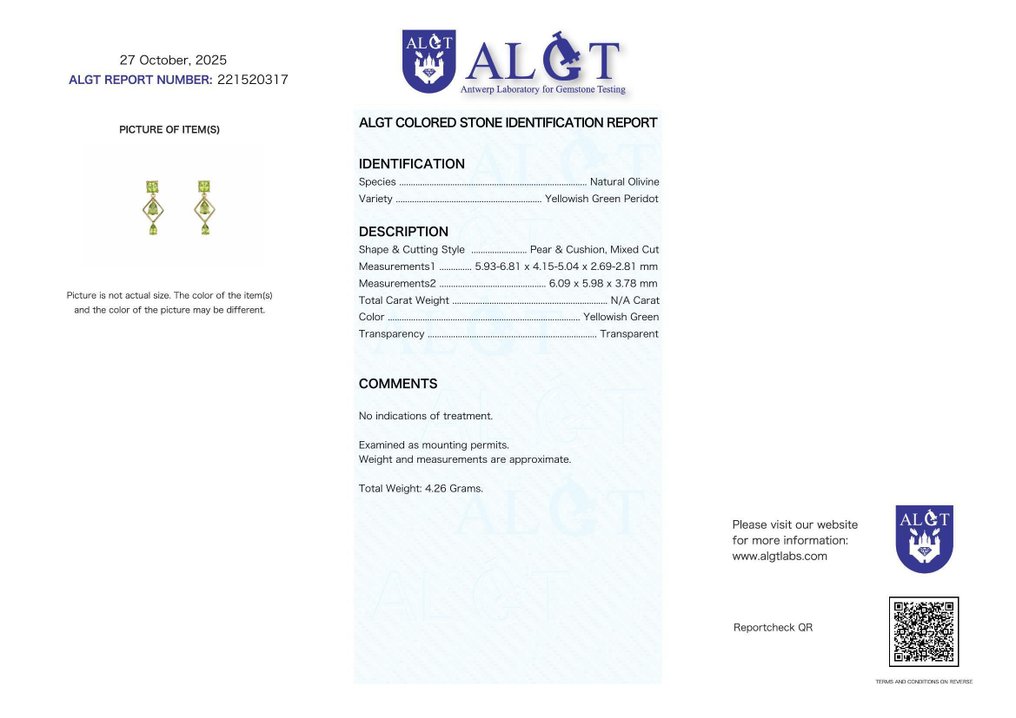 Nincs minimálár - Drop fülbevaló Ezüst - Peridot - Certified #2.1