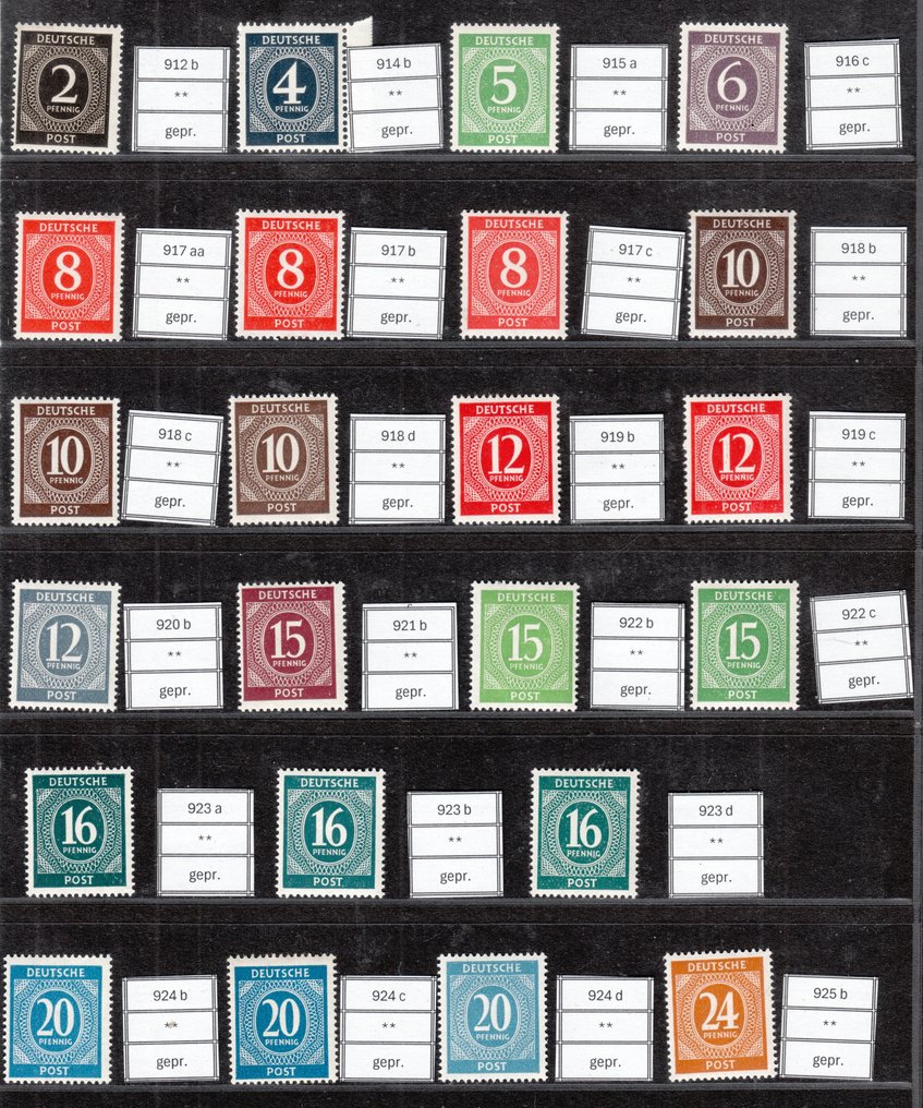 同盟国军事占领德国 1946/1948 - 数字系列，几乎所有颜色，已检验，包括914b、917c、918c、919c、923d、934b、936d等。 - 912 b bis 937 d #1.0