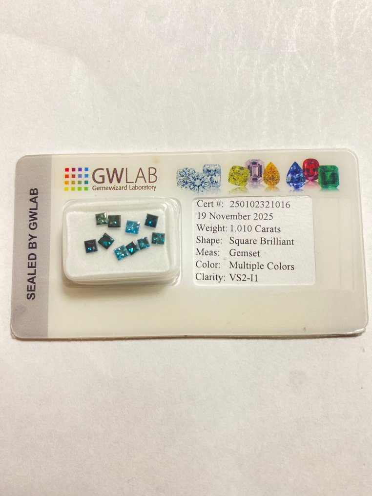 Zonder minimumprijs - 10 pcs Diamant (Kleurbehandeld) - 1.01 ct - Carré Blauw, Groen Blauw, Groen - VS2, P1 - Gemewizard Gemological Laboratory (GWLab) #1.0