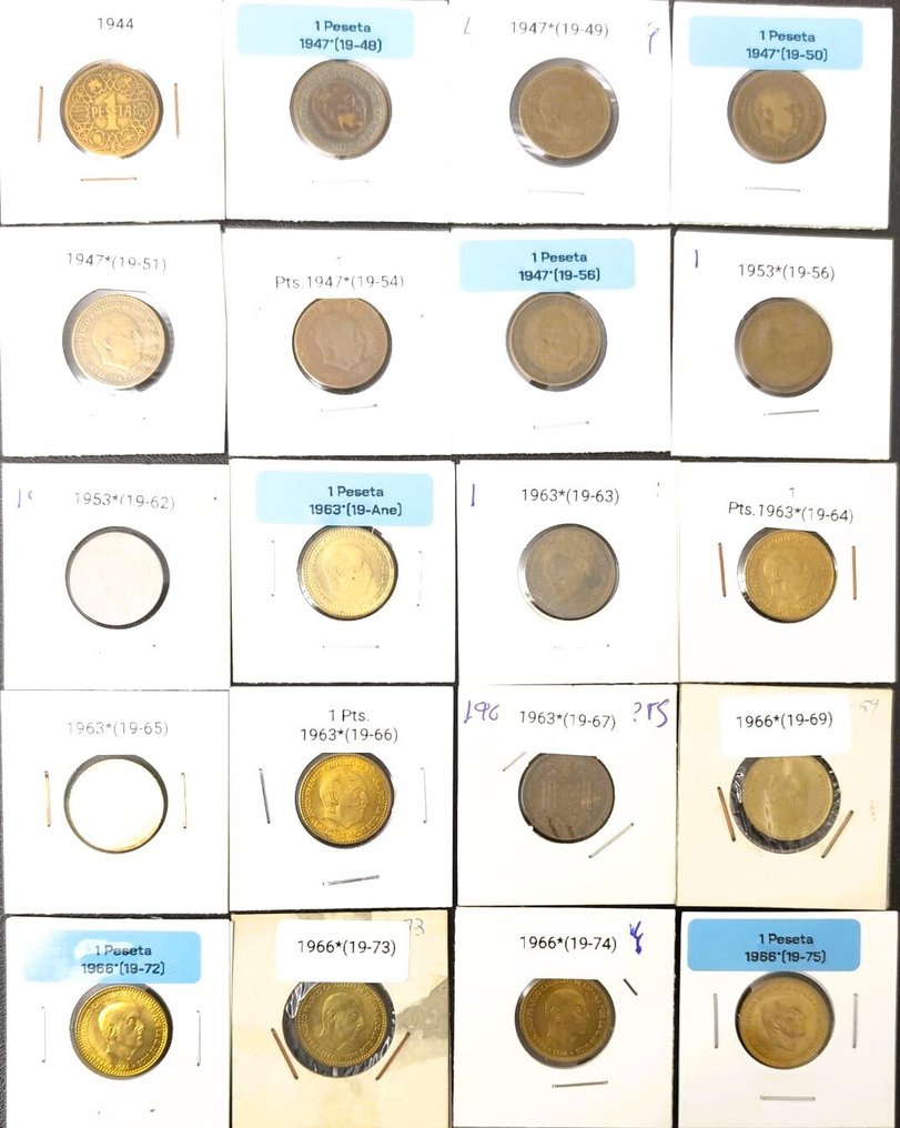 Ισπανία. Francisco Franco. 1 Peseta 1947 a 1966*19-75 (20 monedas) (χωρίς τιμή ασφαλείας) #1.0