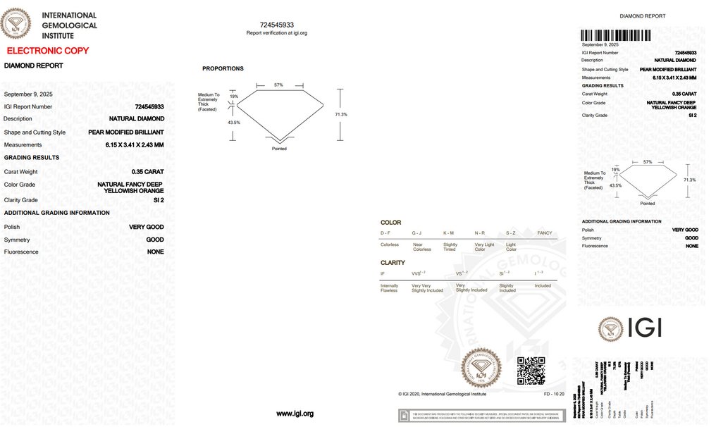 Nincs minimálár - 1 pcs Gyémánt (Természetes színű) - 0.35 ct - Körte - Fancy deep Sárgás Narancssárga - SI2 - Nemzetközi Gemmológiai Intézet (IGI) #2.1