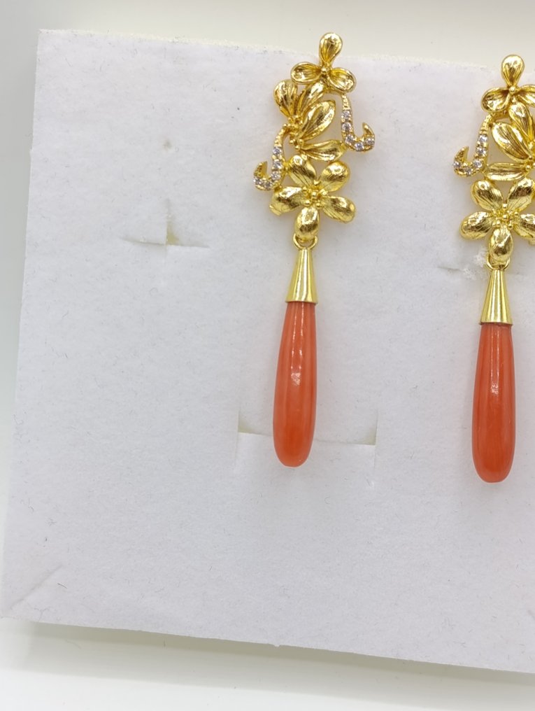 沒有保留價 - 吊式耳環 銀, 鍍金, 撒丁岛珊瑚 - 珊瑚 - 装饰耳环 #3.2