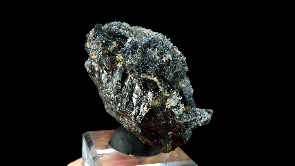 Quartz on Pyrite psm Pyrrhotite, Calcite with Boulangerite inclusions and Sphalerite -  Trepča Stan Trg mine, Kosovo - Height: 8.5 cm - Width: 6.5 cm- 335 g #4.3