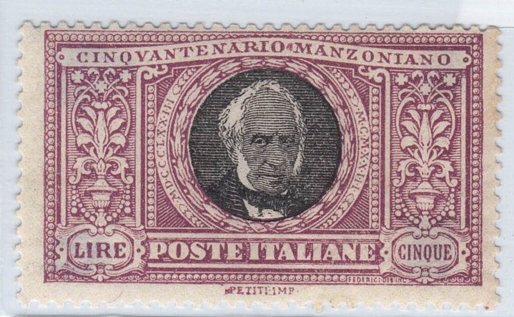 Ιταλία Βασίλειο 1923 - 5 Lire «Cinquantenario Manzoniano», νέο MNH με Πιστοποιητικό Enzo Diena – Sassone 156 – Από #1.0