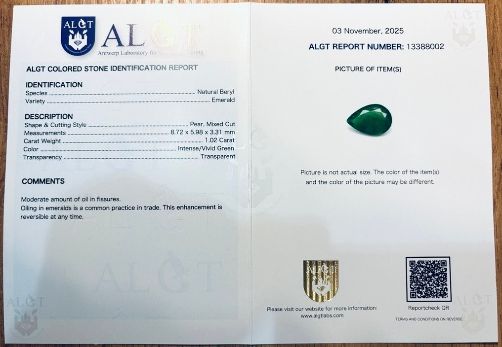 没有保留价 - 1 pcs  绿色 祖母绿  - 1.02 ct - 安特卫普宝石检测实验室（ALGT） #3.2