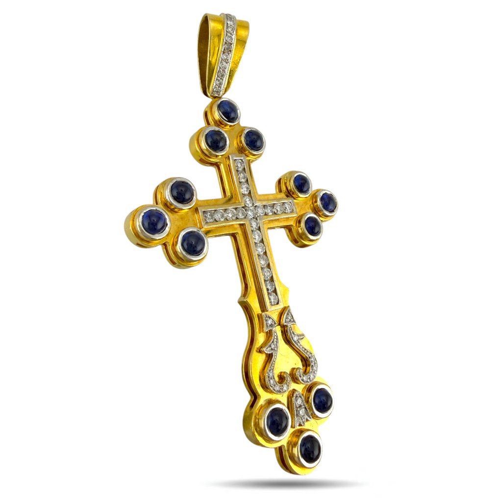 Riipus - 18 kt. Keltakulta, Eksklusiivinen 18K keltakultainen timantti- ja safiiriristipendantti, 1,10 ct timantteja ja 2,50 ct - 3.60ct. tw. Timantti (Luonnollinen) #2.1