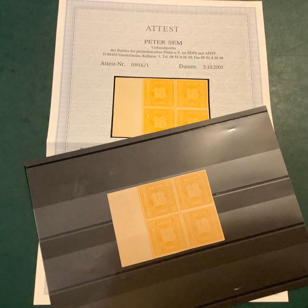 Bavière 1850 - 18 Kreuzer dans un bloc de quatre avec bordure de vel et certificat photo impeccable Sem. - Michel 7 #1.0