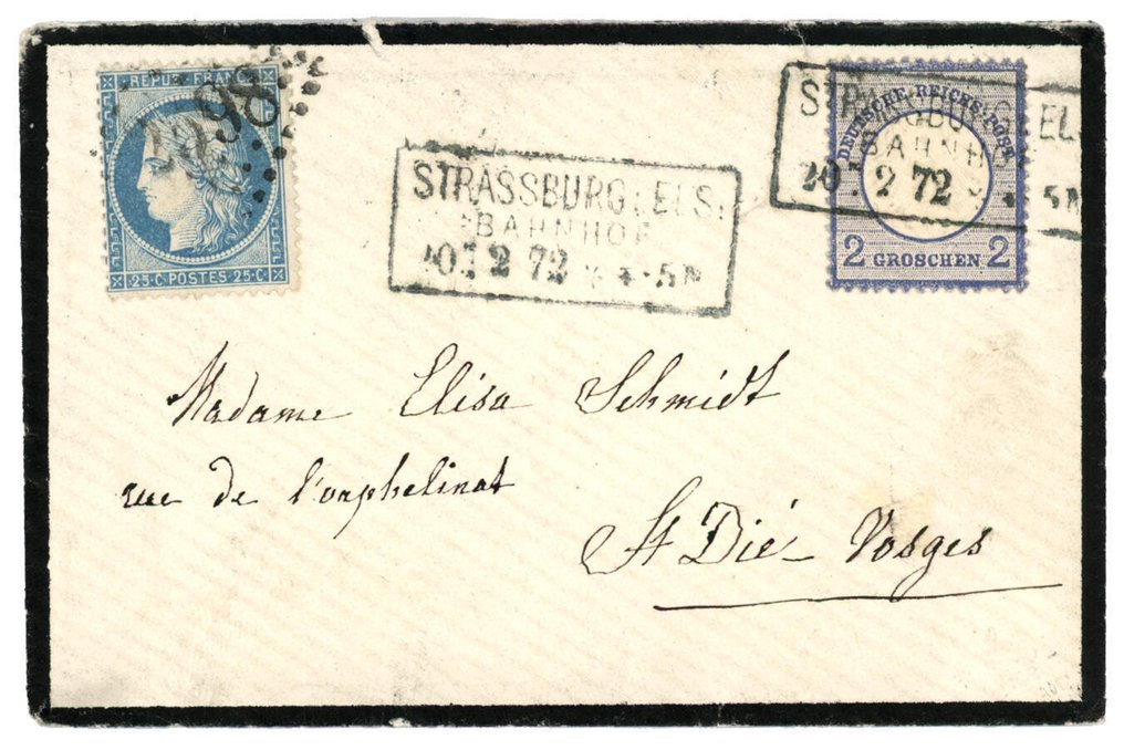 法國 1872 - 德国（Brutschield）与法国（Ceres）在斯特拉斯堡的信件上的混合邮资 - Yvert 2g en 60 #1.0