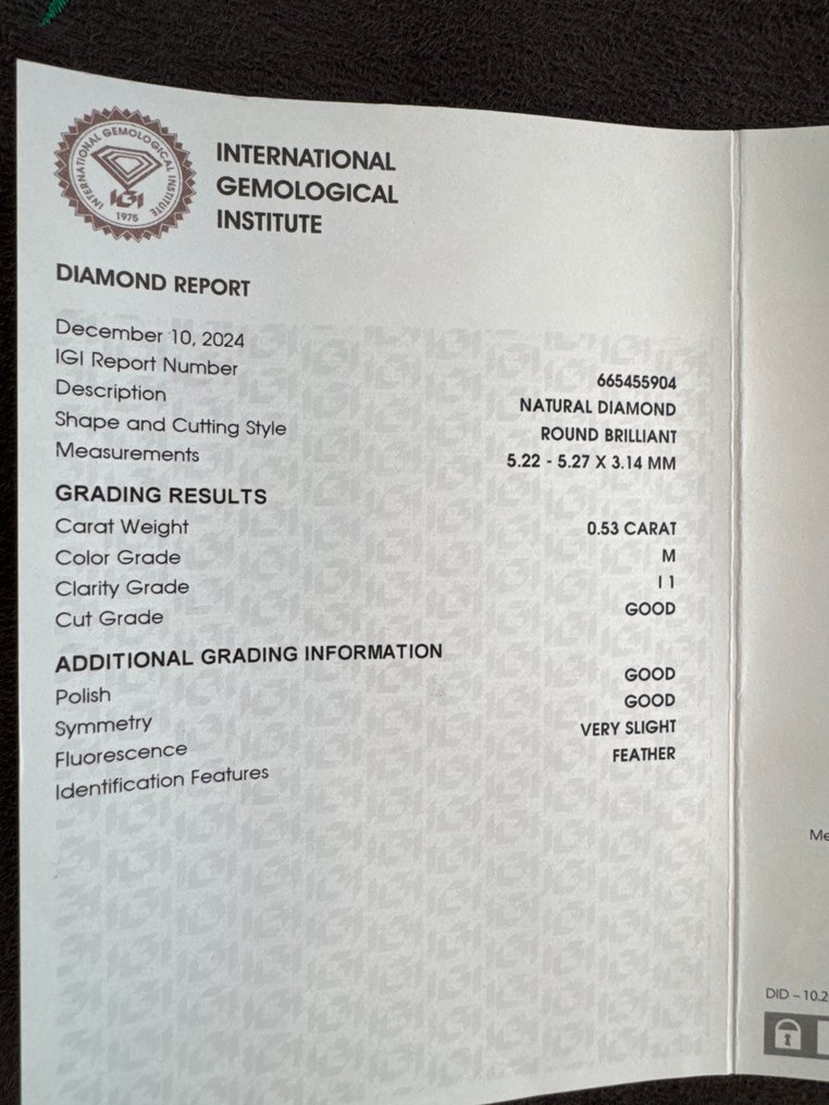 1 pcs 钻石  (天然)  - 0.53 ct - 圆形 - M - I1 内含一级 - 国际宝石研究院（IGI） #3.2