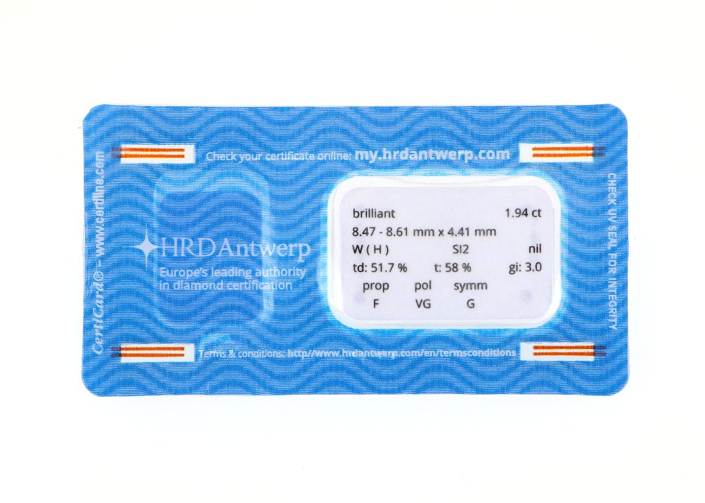 1 pcs 钻石 (天然) - 1.94 ct - 圆形 - H - SI2 微内含二级 - 比利时高阶层钻石议会 #1.0