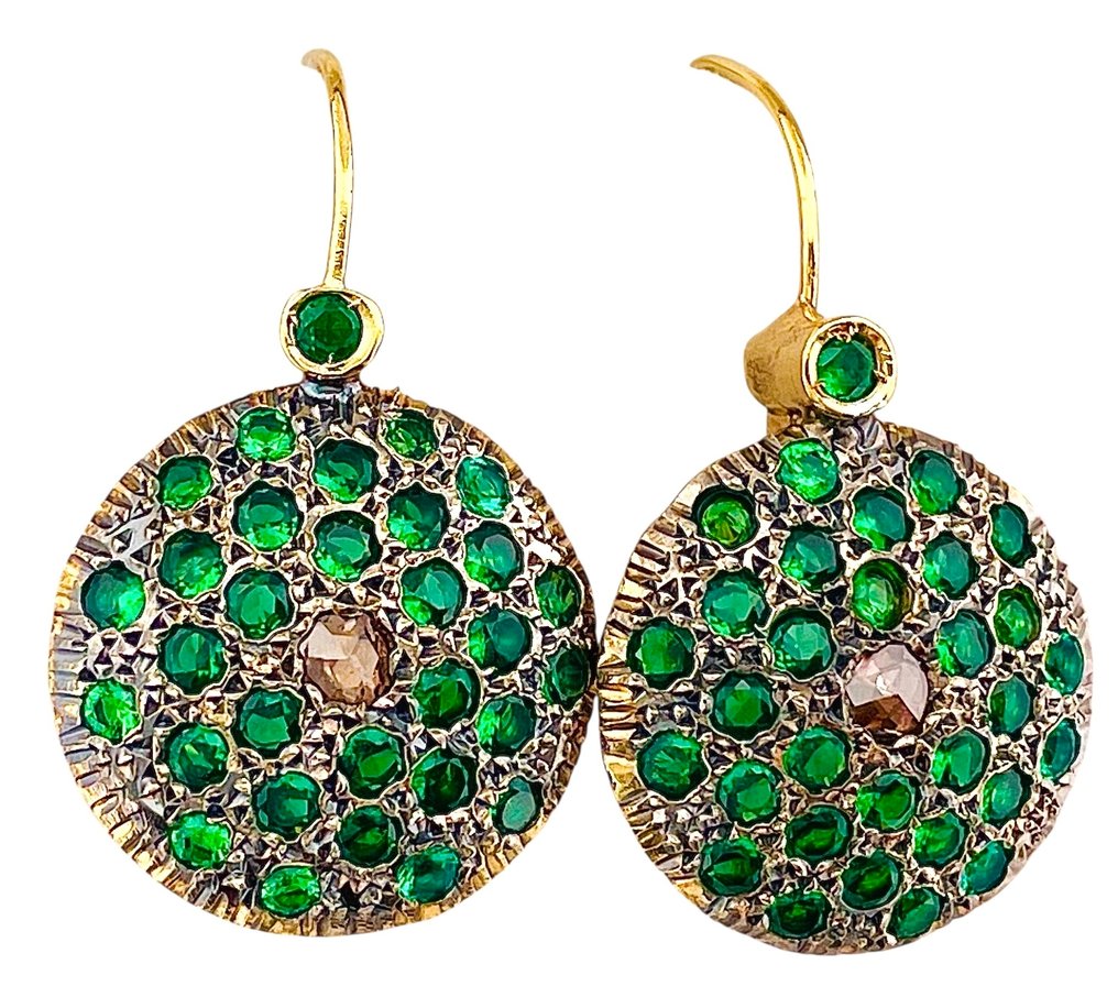 Nincs minimálár - Drop fülbevaló - 9 Kt Sárga arany, Ezüst Smaragd - Gyémánt #3.2